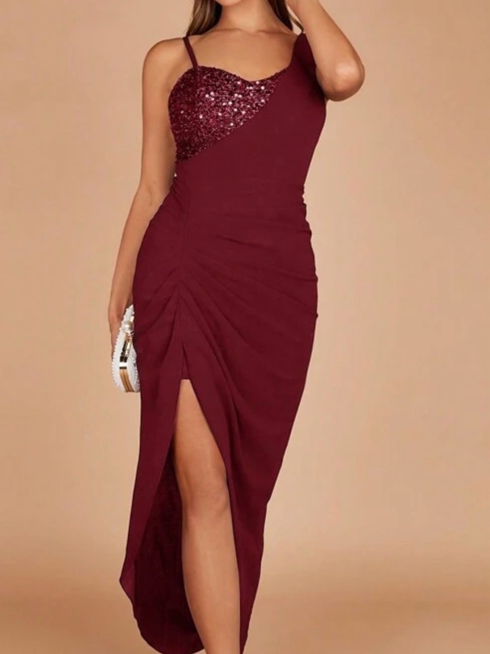 SHEIN Burgundy One-Shoulder Sequin Accent Ruched Gown